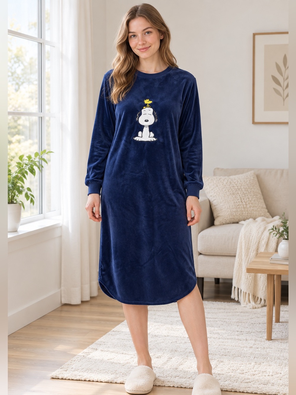 Vintage Peanuts Snoopy Navy Blue Velvet Nightgown size Small